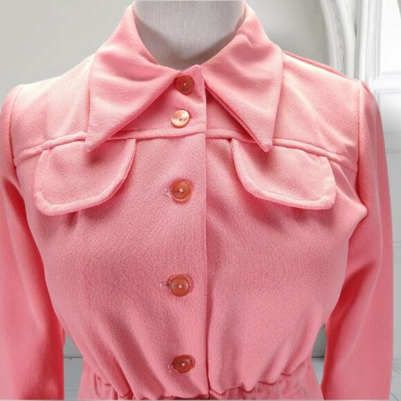 Vintage 70s Dagger Collar Pink Mini Shirt Dress Size M Polyester Button Front - Picture 5 of 10